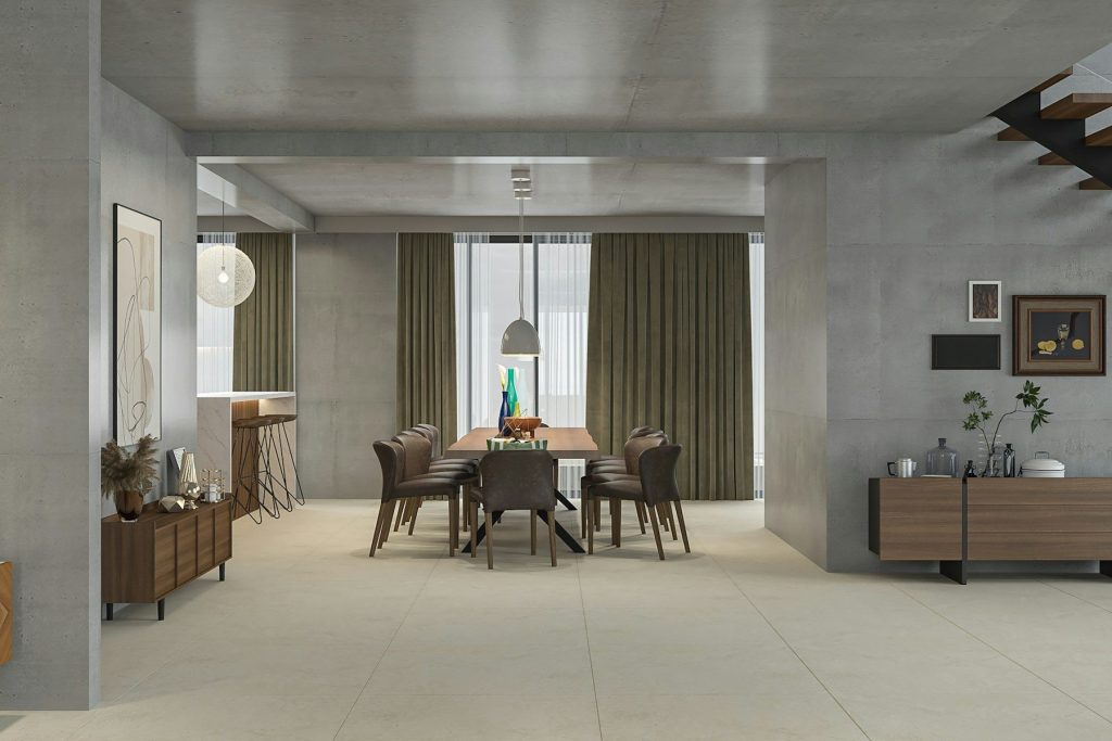 a dining room with a table and chairs